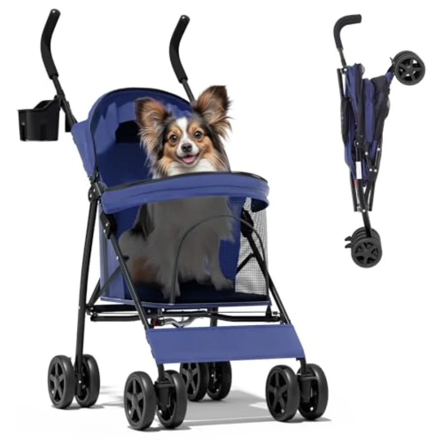 Cochecito compacto para mascotas para perros/gatos pequeños y medianos de hasta 22 libras, poliéster azul marino con malla transpirable, ligero tipo paraguas.
