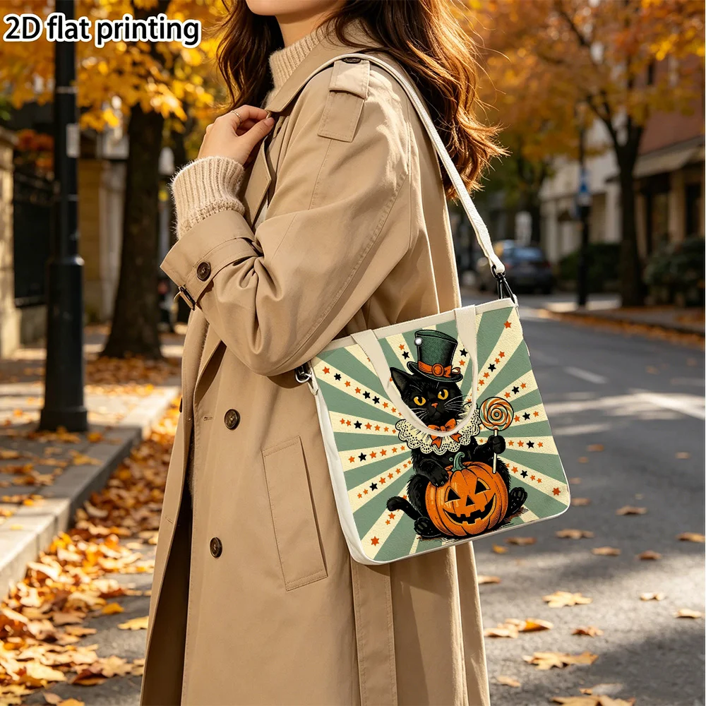 cat with pumpkin Double-Sided Printed Canvas Tote Purse for Women Detachable Crossbody Strap for Holiday Travel
