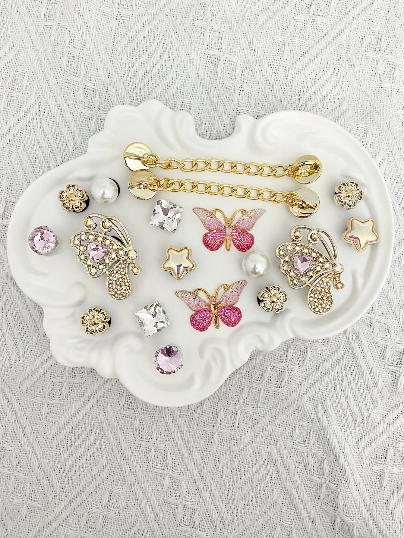 골드 체인 18개, ABS 다이아몬드 나비, 꽃, 별, 핑크 나비, 핑크 ABS 다이아몬드, 화이트 ABS 스퀘어 다이아몬드 슈즈