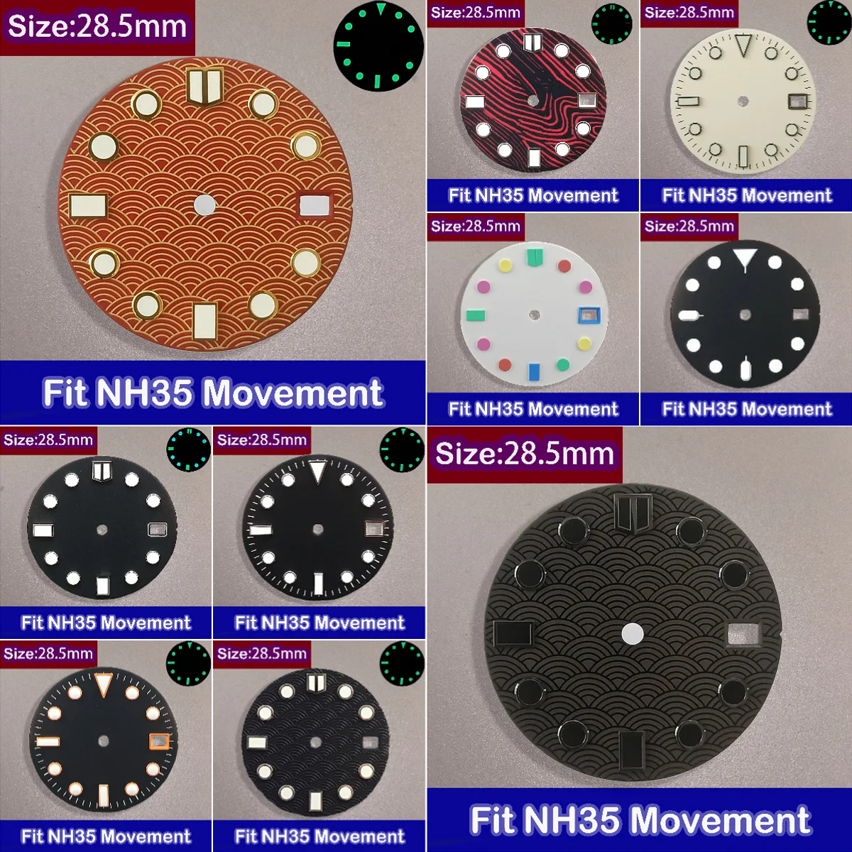NH35 Dial 28.5mm dial diameter fish scale pattern Fit  H35/NH36 movement luminous dial  with single calendar watch accessories