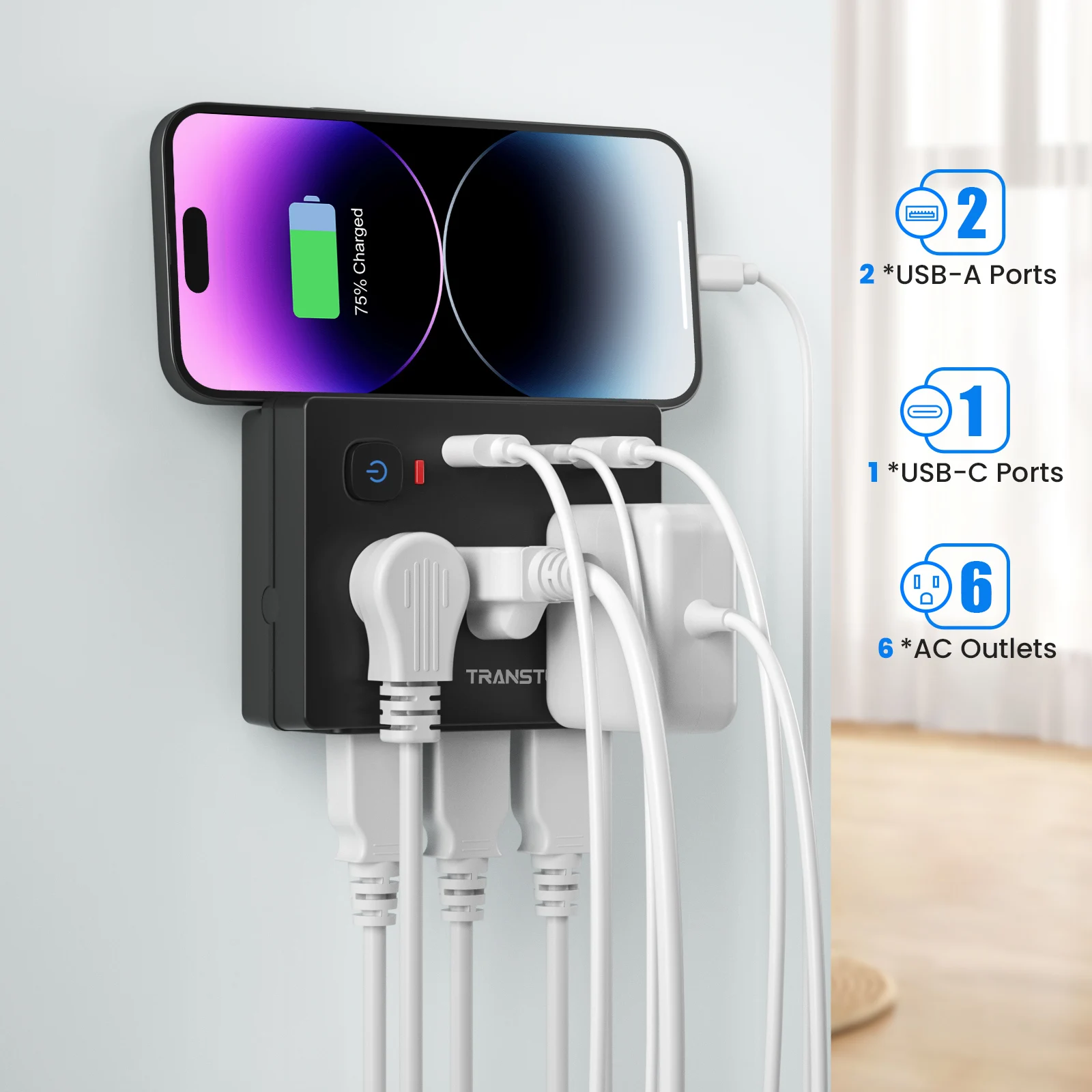 Mali Maroktelefon Puffad Hátvéd áram Felvevőpiac, 9-in-1 multi-function 6 kivezetések 2 USB ports 1 type-c, számára haza, utazási, Hivatali székhely, Sztrájktörő