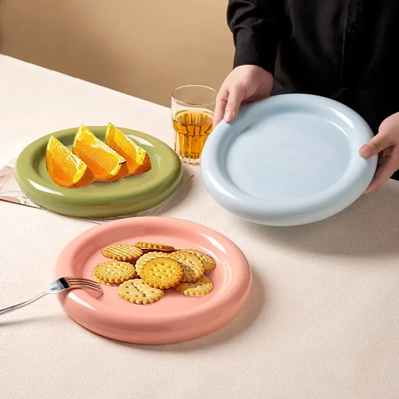Cream-colored Ceramic Round Thick-rimmed Doughnut Plate Household Plate Restaurant Main Course Decorative Tray Party Decor