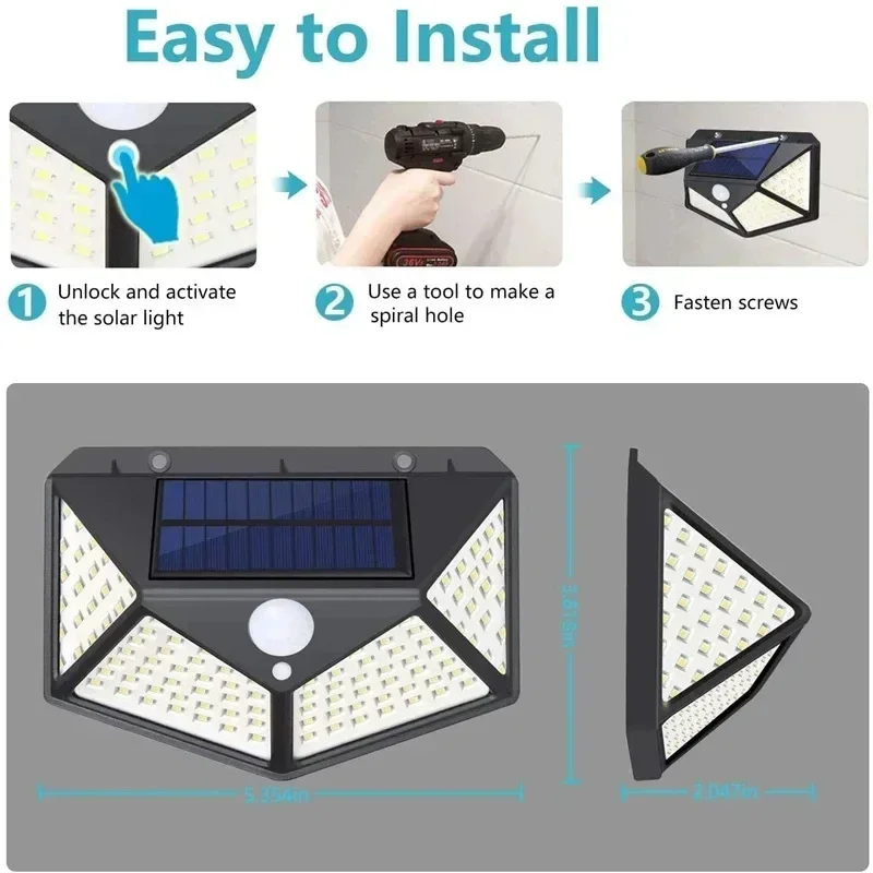 1-6 Pcs Solar LED Outdoor Lights 100 LED Garden Wall Lights with Motion Sensor 3 Modes for Courtyard Lawn Patio Courtyard Fence