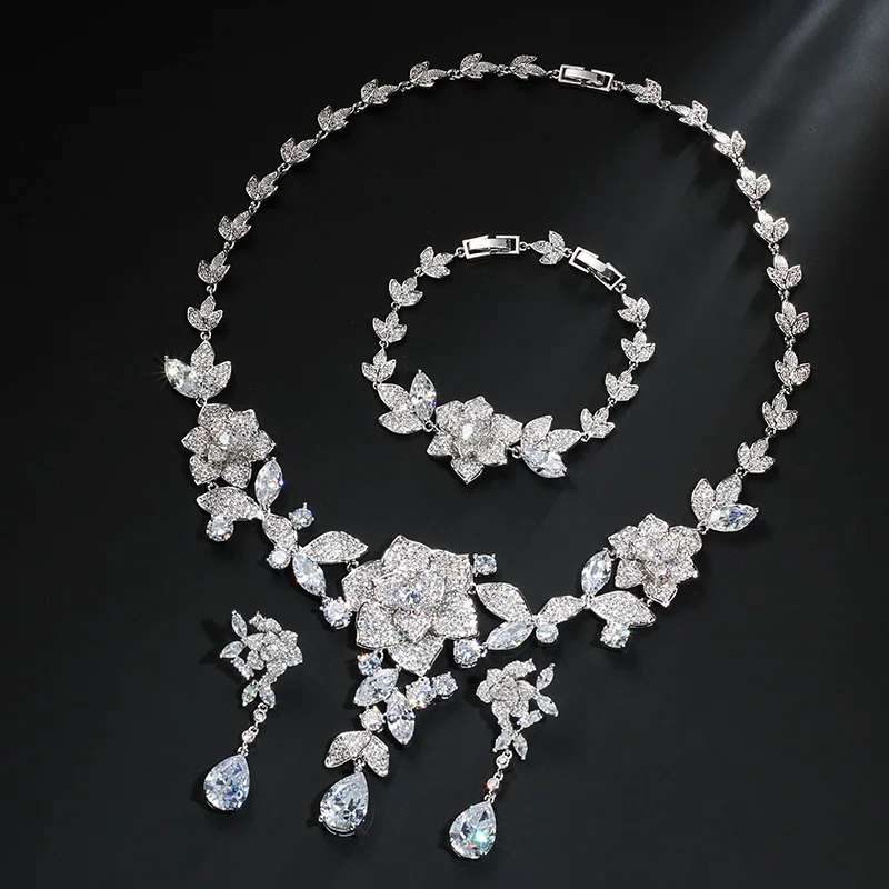 

Japanese Korean Style Floral Color Zircon 3-Piece Jewelry Set, Bracelet Earrings Necklace, Bridal & Festival Accessories