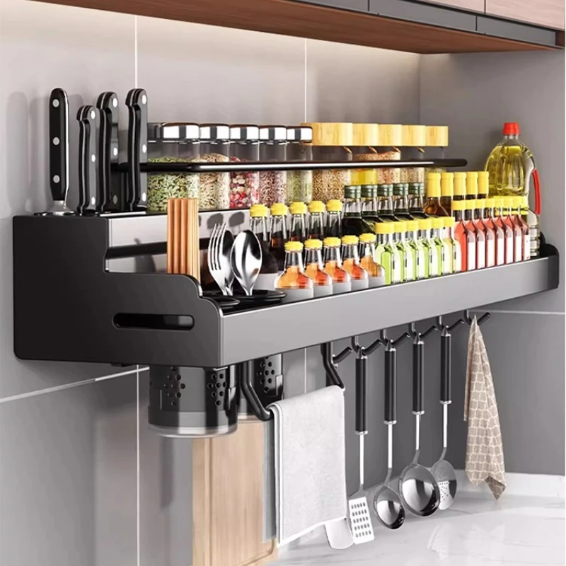 

Kitchen shelf free punching multifunctional household wall-mounted seasoning chopstick rest supplies complete storage rack