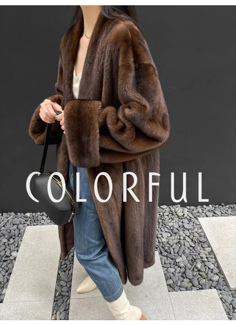 Lautaro Winter Long Vintage Elegant Luxury Chic Thick Warm Soft Brown Fluffy Faux Mink Fur Coat Women V Neck Furry Overcoat 2023