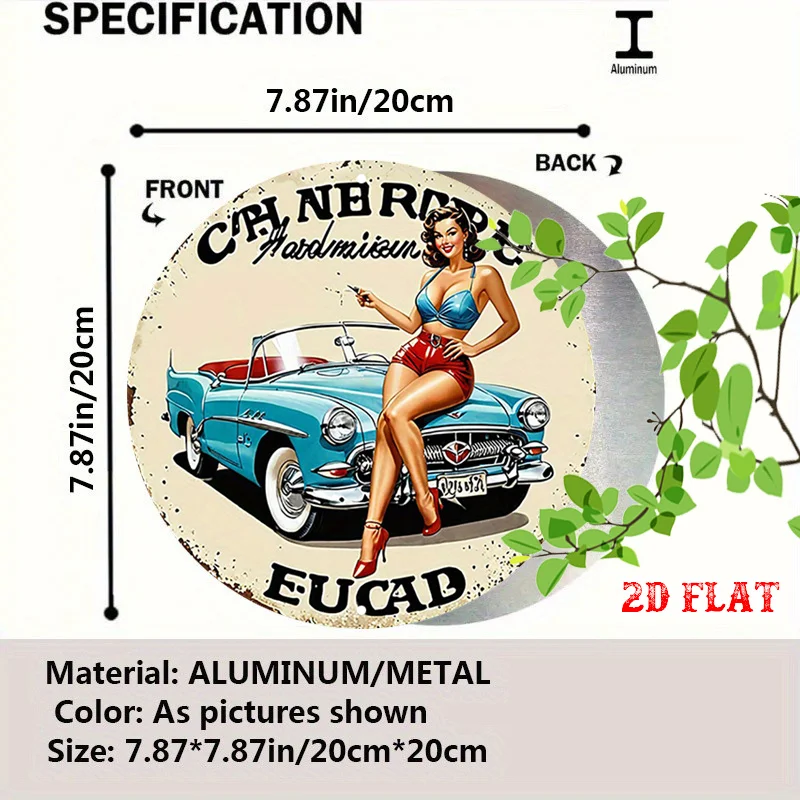 Retro 2D Flat Sign Featuring a Pin-Up Girl, Vintage Style 7.8X7.8 Round Metal Sign - Ideal for Car Wall Decor, Home, Garage