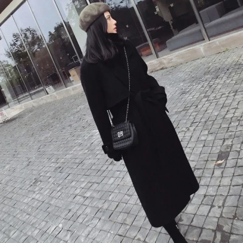 

New Black Jacket Women's Coat New Popular With belt High-end Loose Leisure Autumn And Winter Thickening Women's Clothes