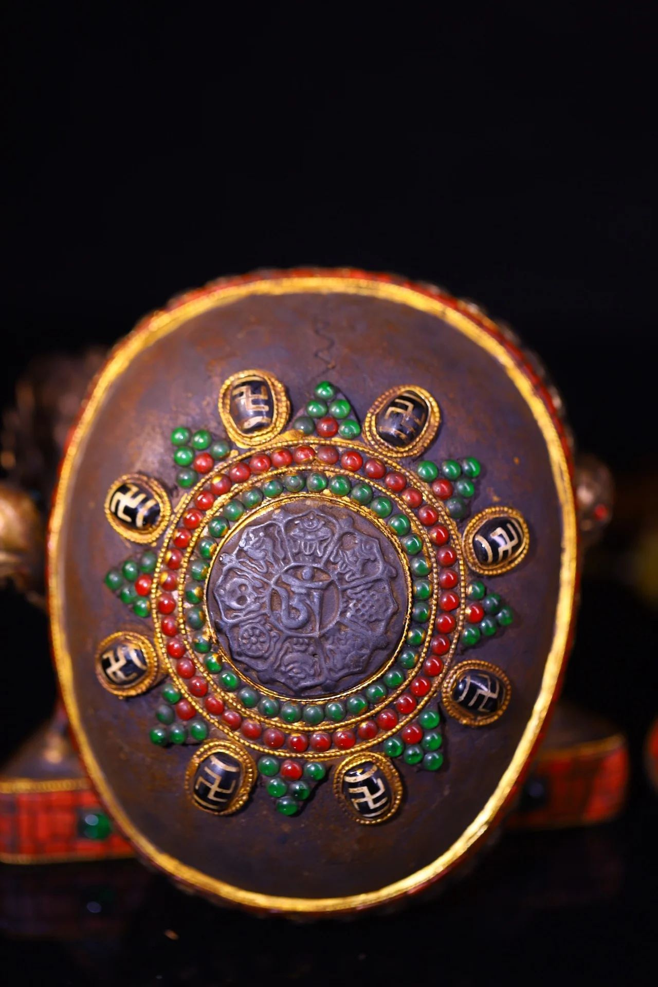 

9"Tibetan Temple Collection Old Kabbala Cup Painted Mosaic Gem gZi Bead Lucky Eight Treasures Skull Gabara Bowl Worship Hall