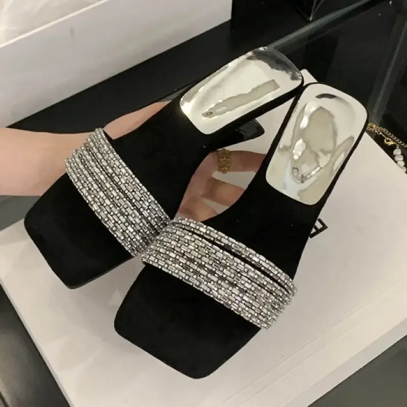

Eilyken Women Slippers Fashion CRYSTAL Square Toe Strange Low Heels Slide Shoes Summer Party Dress Zapatos De Mujer