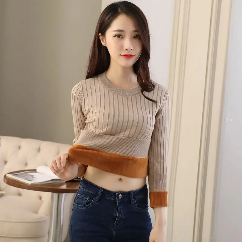 2023 New Autumn Winter Plus Women Sweater Striped O-Neck Slim Fit Long Sleeve Underlay Sweater Thick Warm Knit Pullover Sweater