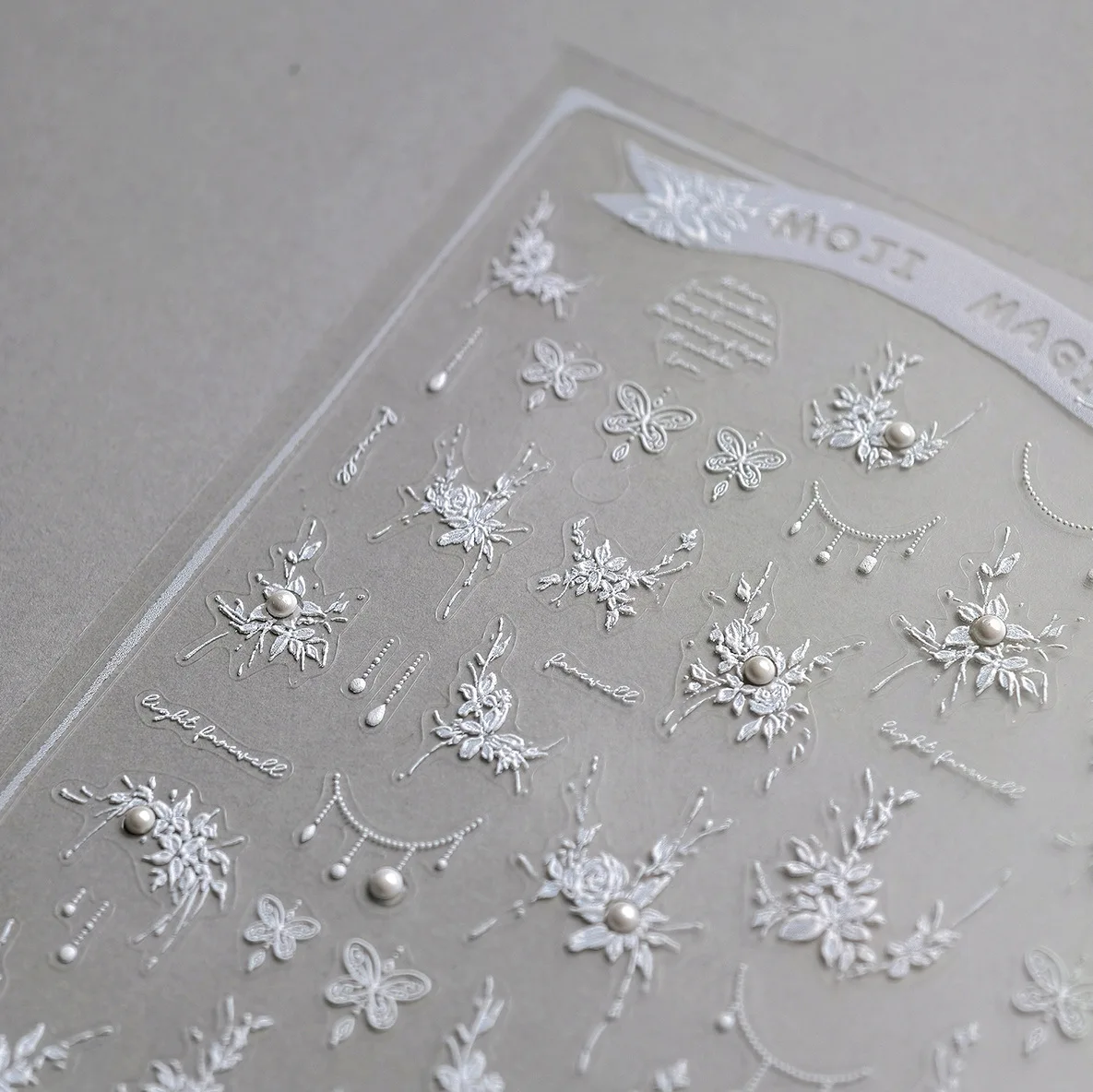 

White Flower Pearl Butterfly English Letter Leaves Pearl Necklace Self Adhesive Nail Stickers 5D Chic Manicure Decals Wholesale