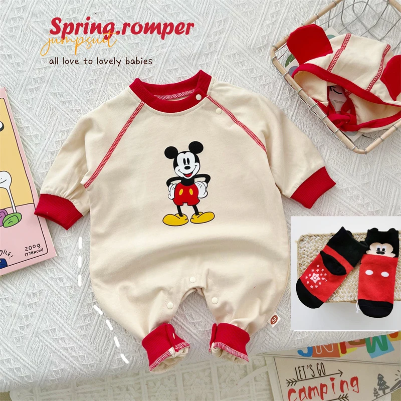 

Spring Newborn Baby Romper+Hat+Sock 3pcs Set Cartoon Mickey Mouse Print Boys Girls Jumpsuit Infant Costume Long Sleeve Bodysuits