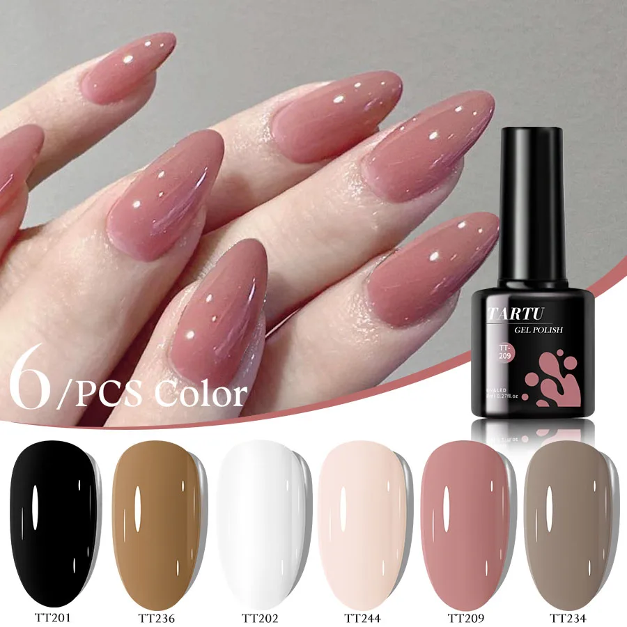 Un set di smalti gel semipermanenti a 6 colori in rosa verdastro, bianco crema, nudo e marrone rosso. UV/LED resistenti all'umidità.