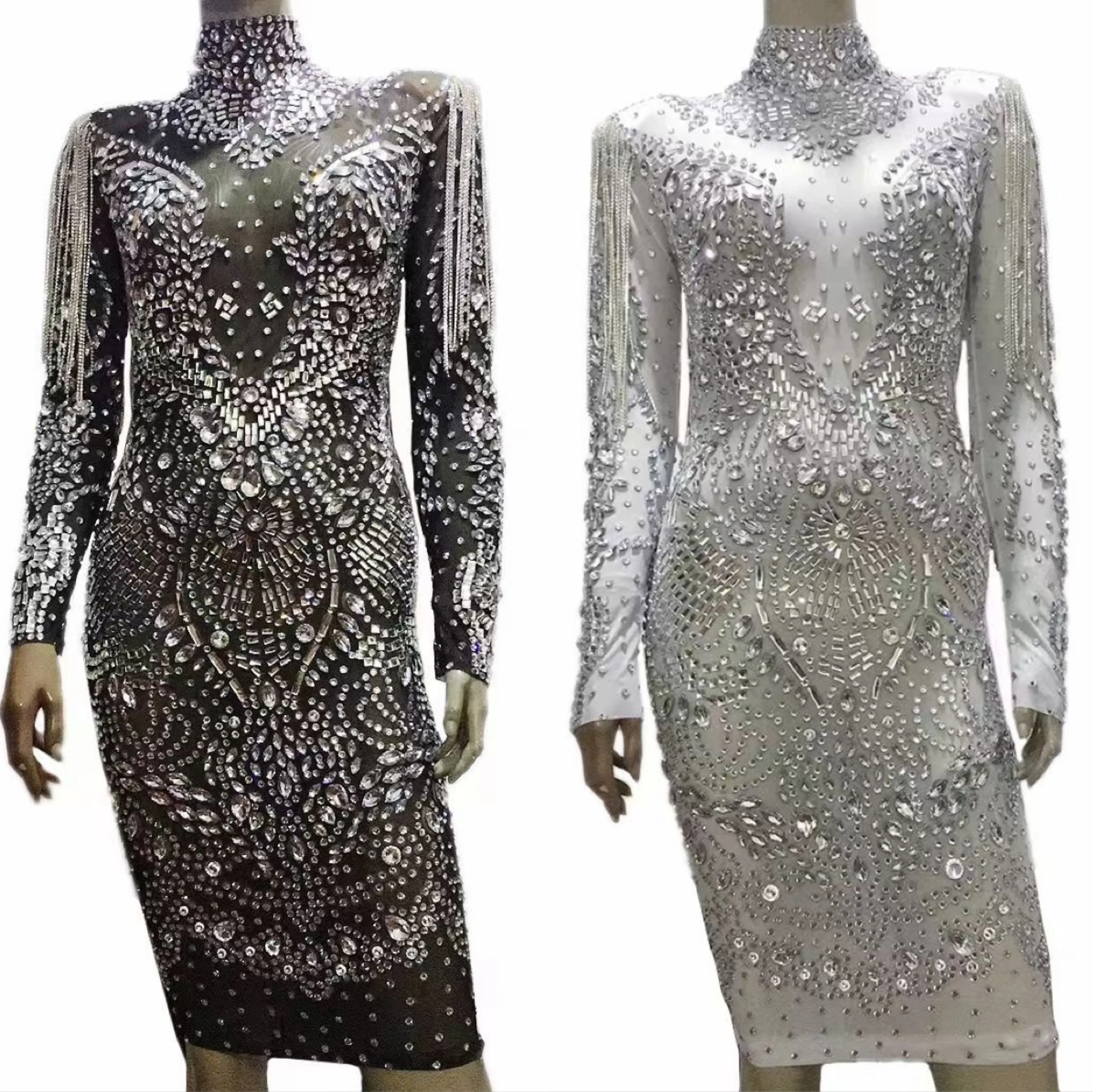 Women Shining Rhinestones Crystal Tassel Long Sleeve Sexy Sheath Nightclub Party Dress Concert Stage Wears