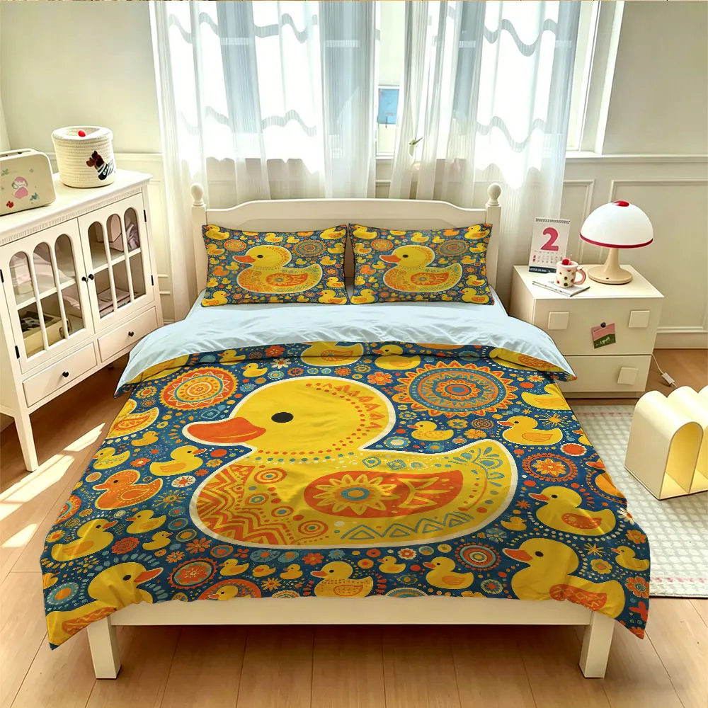 3PCS Vintage Mandala Painted Yellow Duck Duvet Cover Set Soft Decorative Bedding Multi-size Machine Washable (No Insert)