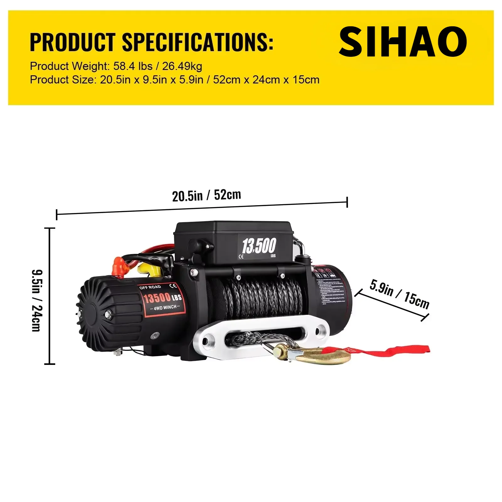 SIHAO Elektrische Lier 13500 LB 12 V Synthetische Sleepkabel Lier 24 M/92FT Heftakel voor Auto Trailer ATV Truck met Afstandsbediening