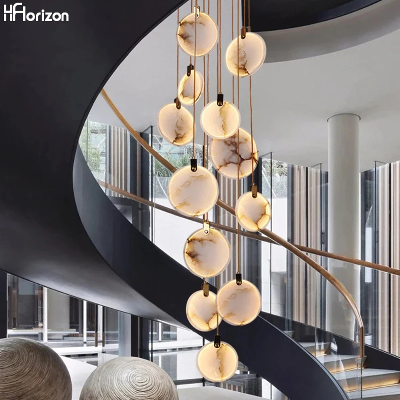 

American Natural Marble Staircase Head Long LED Ceiling Chandeliers,Interior Decor Staircase stone Lamp Dining room Fixtures