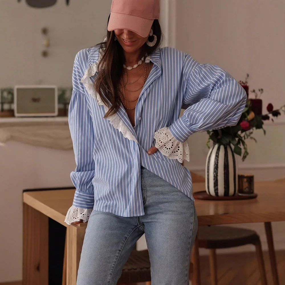 

2026 Autumn New Product Elegant Casual Women Lazy Striped Lace Splicing Shirt Top