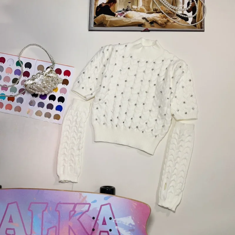 2024 Autumn Winter New Fashion Black Jumpers Diamond Studded By Hand Graceful And Fashionable Pullovers Sweater With Oversleeves