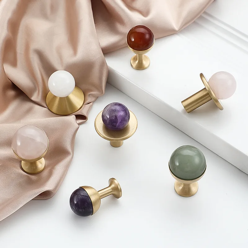 Nordic Crystal Knob Natural Stone + Brass Furniture Handle Cabinet Door Knobs Shoe Cabinet Drawer Decorate Small Round Knobs