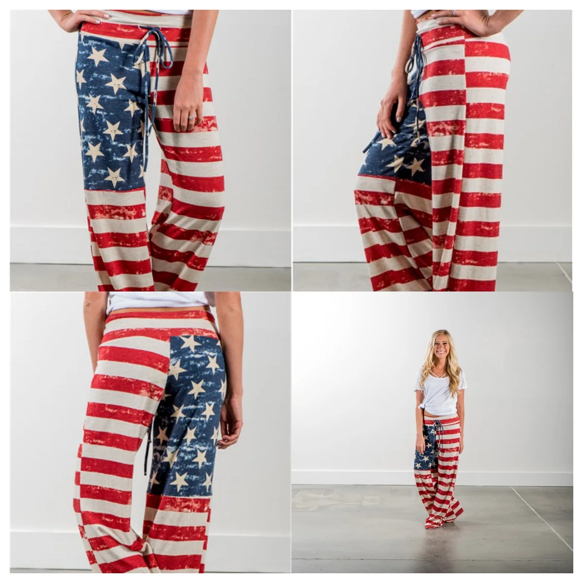 Pantaloni a gamba larga con bandiera USA da donna taglie forti Pantaloni comodi casual con coulisse elastica a vita alta