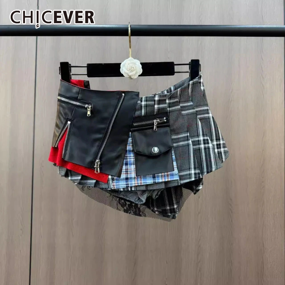 

CHICEVER кожаная мини-юбка с цветными блоками для женщин, высокая талия, клетчатая уличная одежда на молнии, популярные юбки для девочек, женская мода