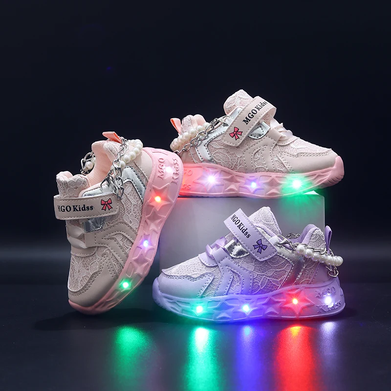 MGO Kidss Spring and Autumn New Imitation Pearl Shoes with Lights Mesh embroidery Children and Girls Sports Shoes Comfortable Gi