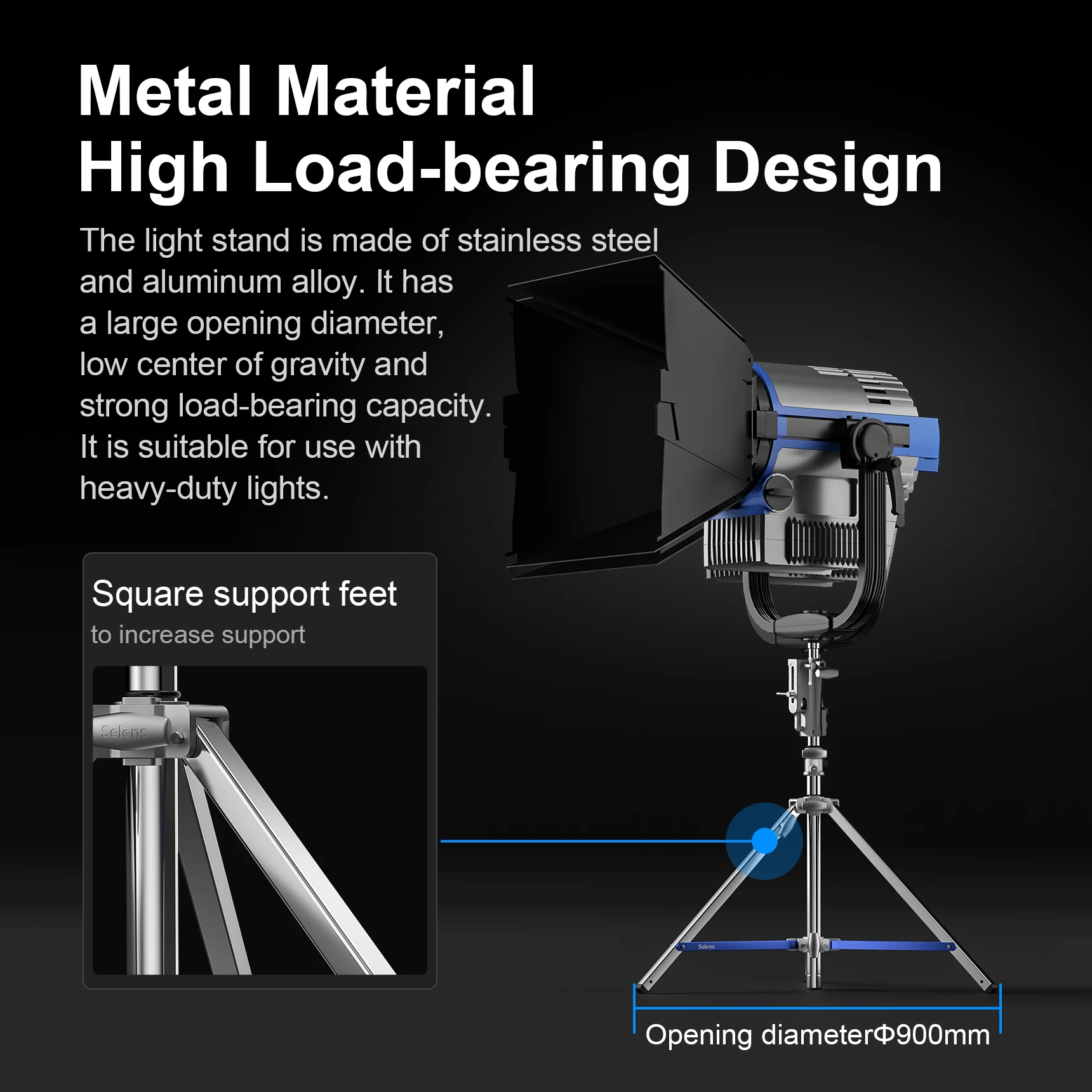 Selens Low Center Of Gravity Heavy Duty Light Stand Tripod Load Capacity of 35KG Photo Studio Kits Stainless Steel Lamp Holder