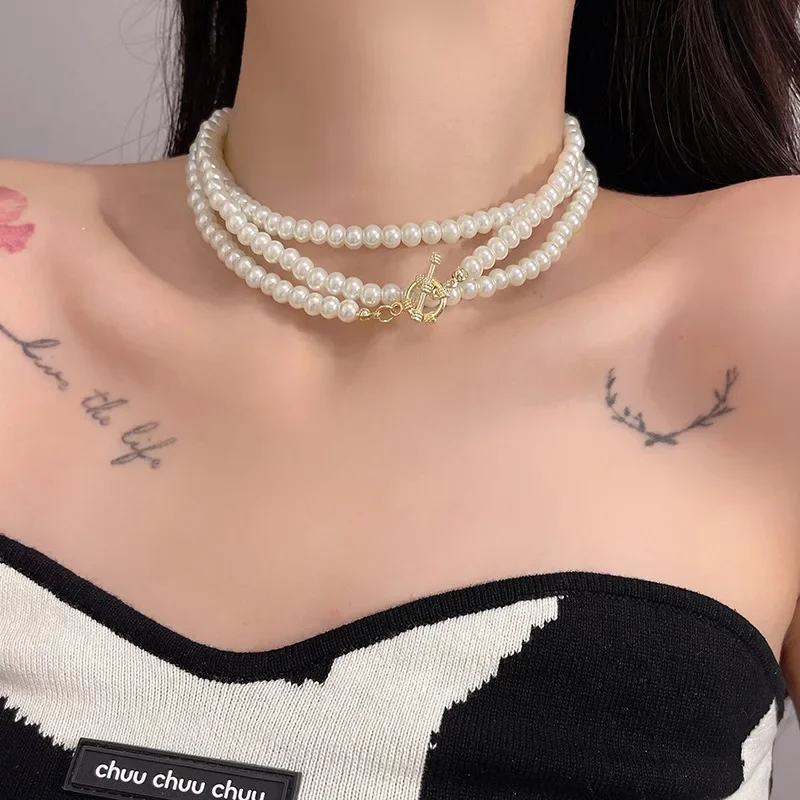 Women Pearl Necklace Female Retro Exaggerated  Multiple Wear Method Long Necklcae