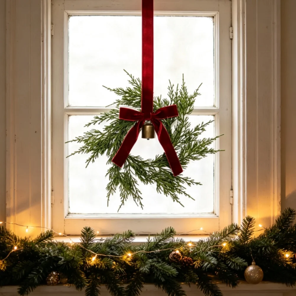 4Pcs 30cm Green Plastic Christmas Wreath With For Velvet Bow And Bell For Kitchen Cabinet Window Wall Front Door Holiday Decor