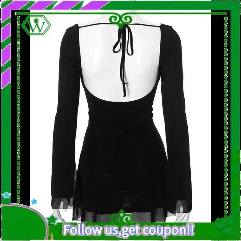 A18P-Mini abito da donna a maniche lunghe con scollo a barca, maniche a campana in rete, allacciatura sul retro, aderente, senza schienale, corto Y2k