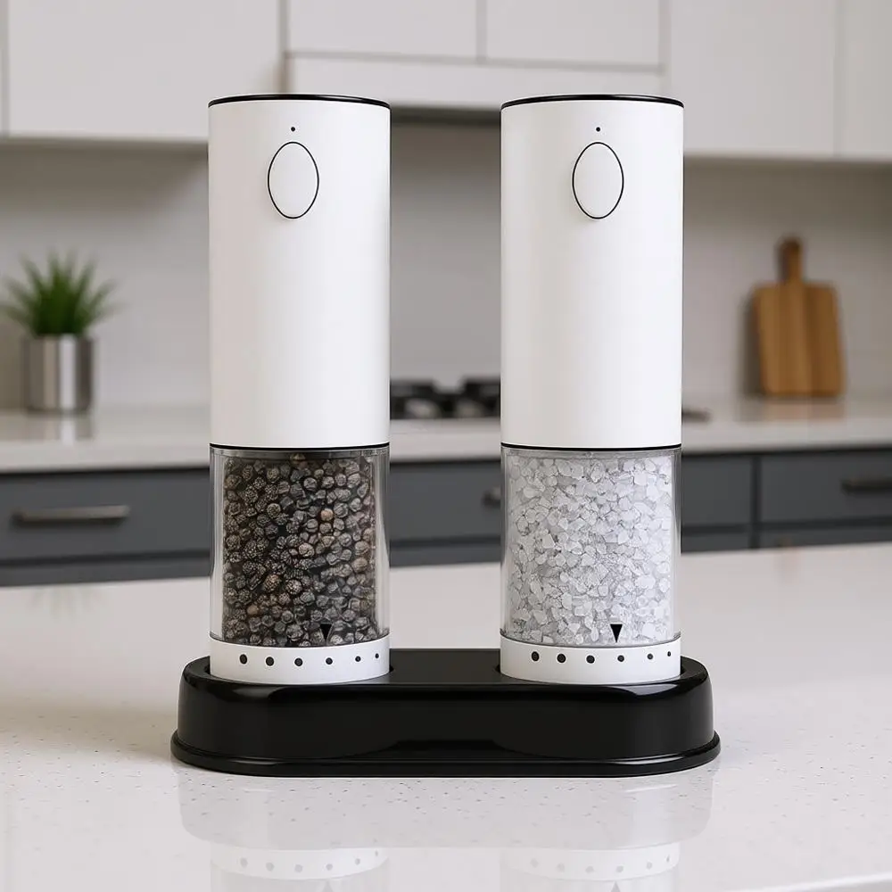 

Rechargeable LED Stainless Steel Salt and Pepper Grinders, Adjustable Coarseness, Large Capacity, White