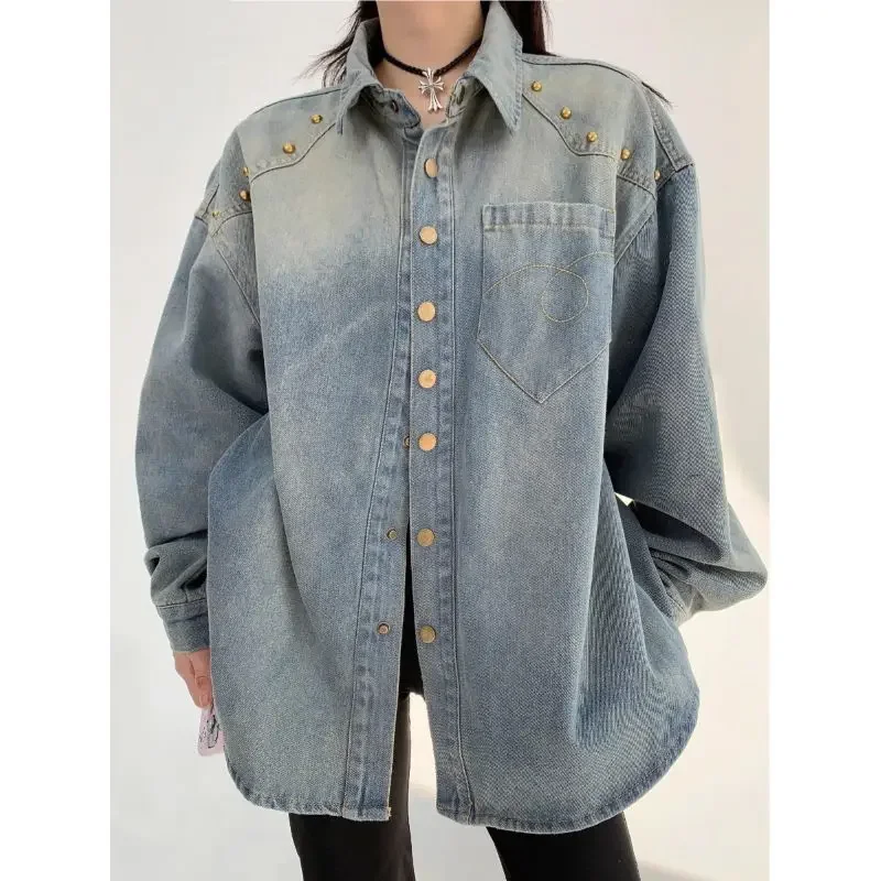 

Spring New American Niche Old Rivet Denim Long-sleeved Shirt Men and Women Loose Couple Short Jacket Trendy