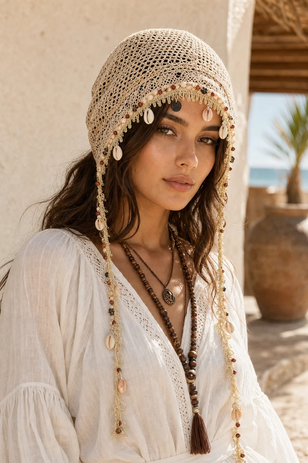 Women's bohemian crocheted pile hat with shell beads and tassels, perfect for beach vacations, festival wear, and photo shoots.