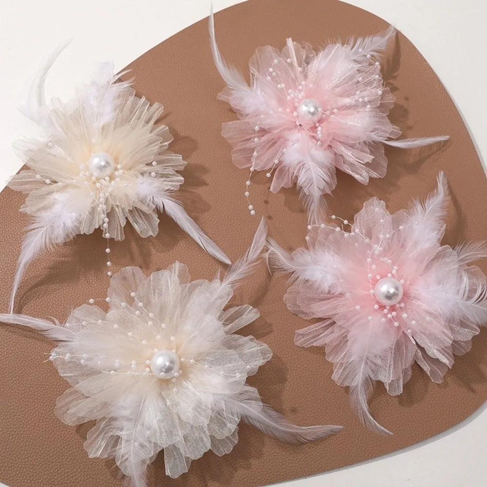 Pearl Embellishment Organza Flower Hair Clip Multi Use Design Delicate Craftsmanship Pearl Feather Hair Accessory Feather Decor
