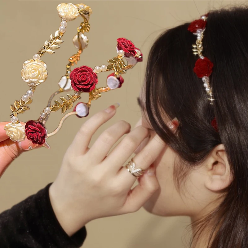 Vintage Hair Band Rose Pearl Headband Women Hairhands Sweet Bride Head Hoop Hair Clip Jewelry Elegant Wedding Hair Accessories