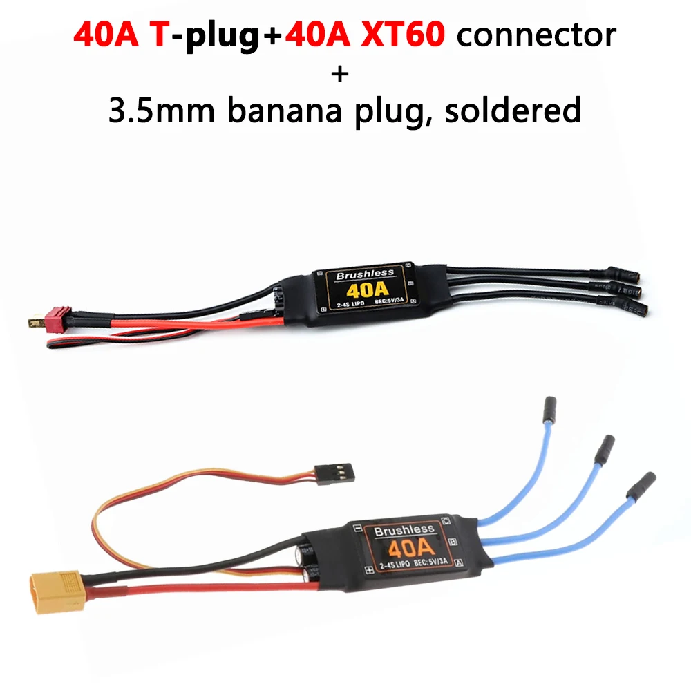 

40A brushless ESC (2-4S) with a 5V 3A UBEC for RC FPV quadcopters, RC airplanes, and helicopters.