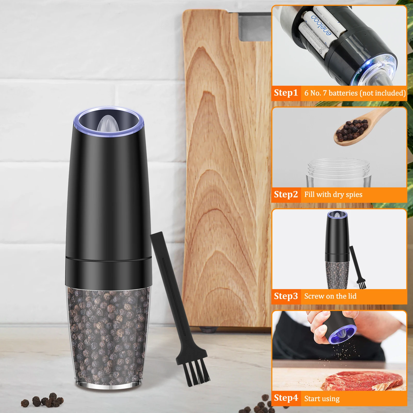 Sea Salt and Pepper Grinder Glass Salt and Pepper Shakers Stainless Steel Kitchen Electric Automatic Pepper Mill Salt Grinder