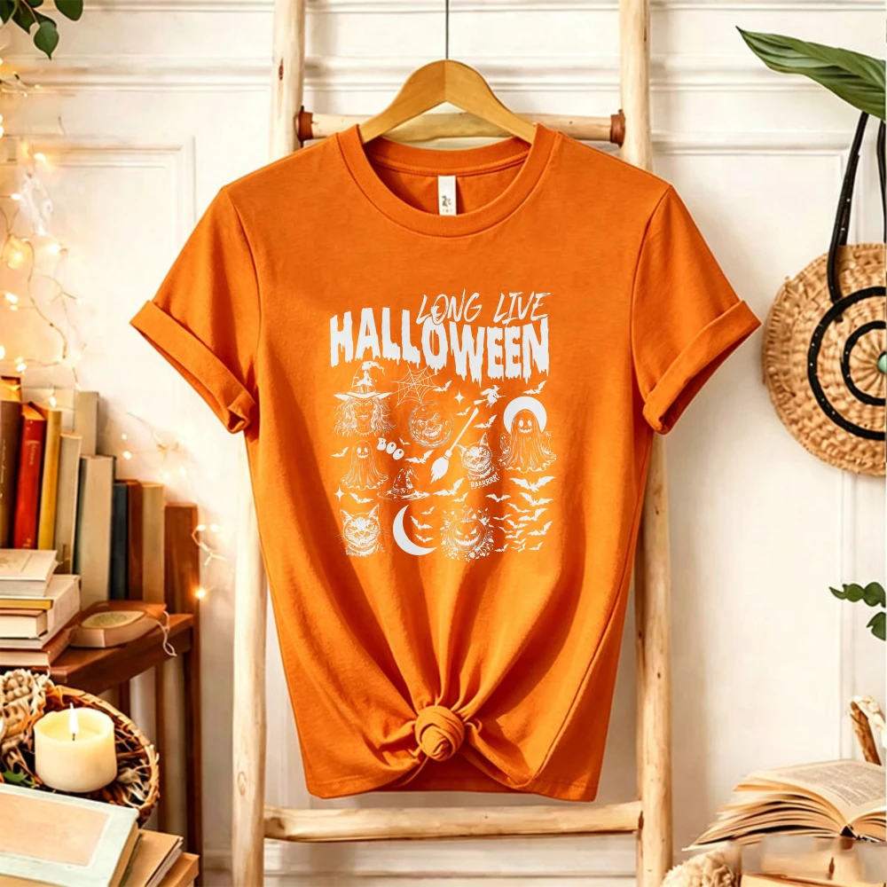 Long Live Halloween T‑Shirt Sketch Witch Ghost Pumpkin Bat Black Cat Crescent Moon Spooky Holiday Art Casual Party Fashion Tops