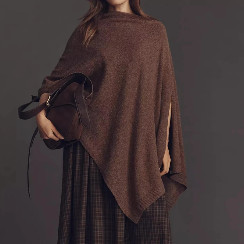 

Combhasaki Women Knitted Poncho Solid Color Asymmetrical Triangle Hem Capes Long Sleeve Side Slits Knitwear Pullover Shawl Wraps