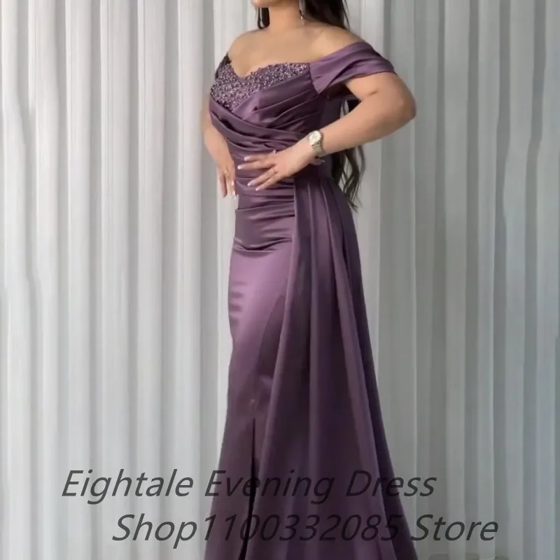 Customized Purple Mermaid Evening Dresses Pearls Beaded Sweetheart Neck Off Shoulder Slit Party Gown Fitted Arabic Prom Dress