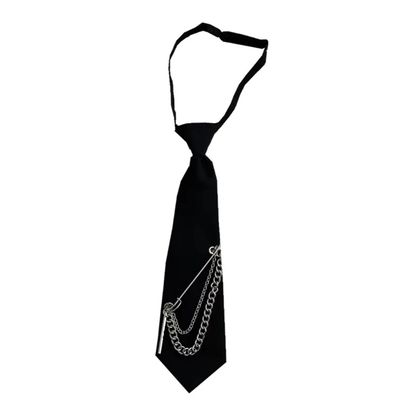 

652F Women Pre Tied Necktie with Long Chain Metal Pin Student Uniform Black Neck Tie