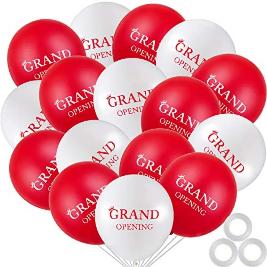 

60 Pieces Grand Opening Balloons 12 Inch Double Side Celebrate Business Latex Balloons with 3 Pieces White Ribbons for Ceremony