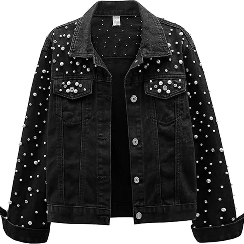 

Diamond Inlaid Denim Jacket for Women European New Heavy Duty Design Slim Fit Single Breasted Turn-down Collar Cowboy Coat