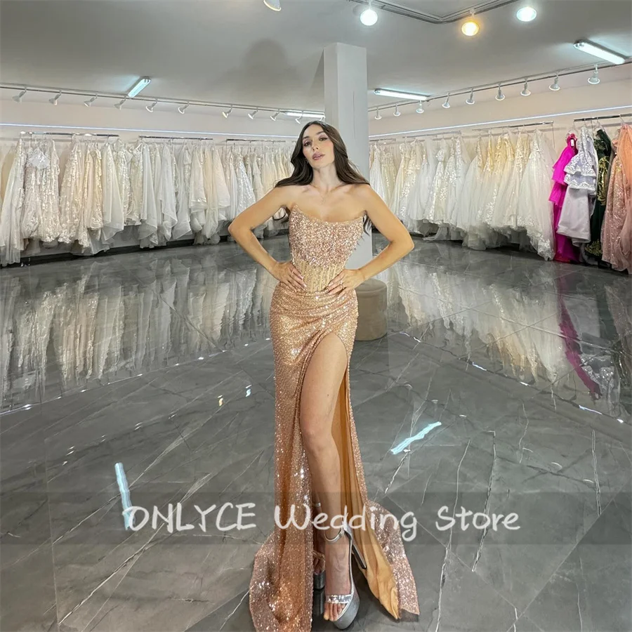 Glitter Champagne Evening Dresses 2024 Beading Crystal Pearls Slit Wedding Reception Party Prom Bridemaid Gowns Vestidos