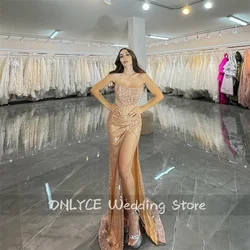 Glitter Champagne Evening Dresses 2024 Beading Crystal Pearls Slit Wedding Reception Party Prom Bridemaid Gowns Vestidos