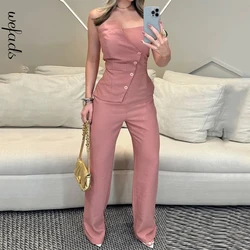 Wefads Jumpsuit Vrouwen Zomer Mode Solide Mouwloze Strapless Single Breasted Knoop Onregelmatige Tube Top Losse Broek Jumpsuits