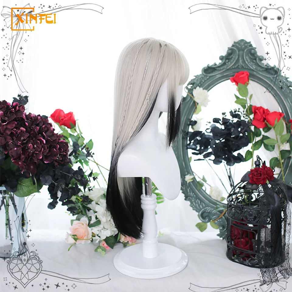 Peruca sintética reta longa para mulheres, cosplay lolita, extensão natural do cabelo, peruca de topo, gradiente preto e branco, cabelo fofo