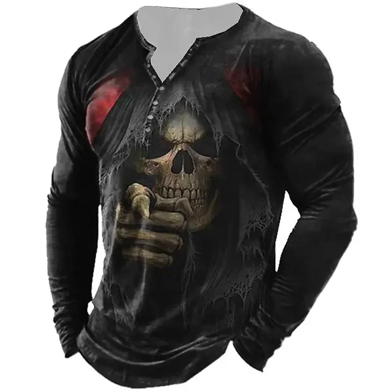 Retro Autumn Men\'s T-shirt Horror Skull Pattern Button T-shirt 3D Printing Long Sleeve V-neck T-shirt Oversized Men\'s Clothing